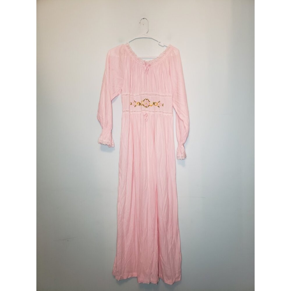Vtg 70s Gilead Women L Nightgown Peasant Boho Flower Pink Maxi Semi Sheer Hippie - Picture 1 of 8